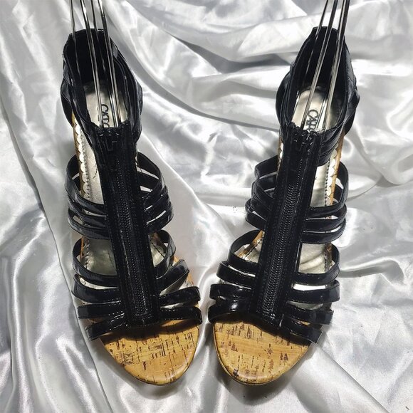 $$$ NEW CATO black patent strappy zip up t-strap gladiator cork platform heels - Picture 2 of 5